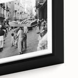 Extra large black wall art featuring a textured, colorful depiction of a bustling food market scene on framed canvas.