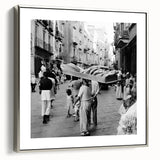 Landscape art painting of a vintage food market scene in colorful tones on a black framed canvas.