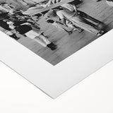 Art deco poster featuring a group of people dining, in muted earth tones on rolled canvas, suited for dining room wall art.