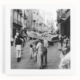 Black and white stretched canvas featuring an oversized photograph of a bustling food market, ideal for kitchen wall art.