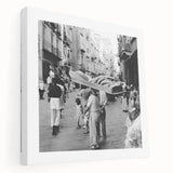 Large stretched canvas featuring a colorful illustration of people dining, ideal for kitchen wall art.