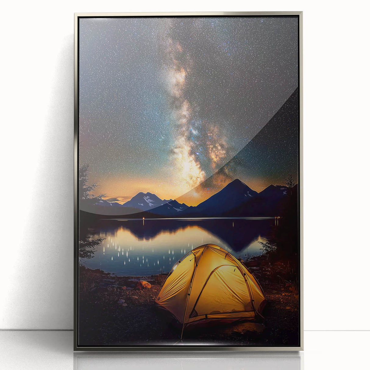 Framed acrylic artwork displaying a stunning silver landscape design, showcasing intricate details and vibrant colors, ideal for modern home decor.