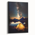 Framed landscape canvas artwork depicting a serene nature scene with vibrant colors, showcased from a black side view, ideal for home decor enhancement.