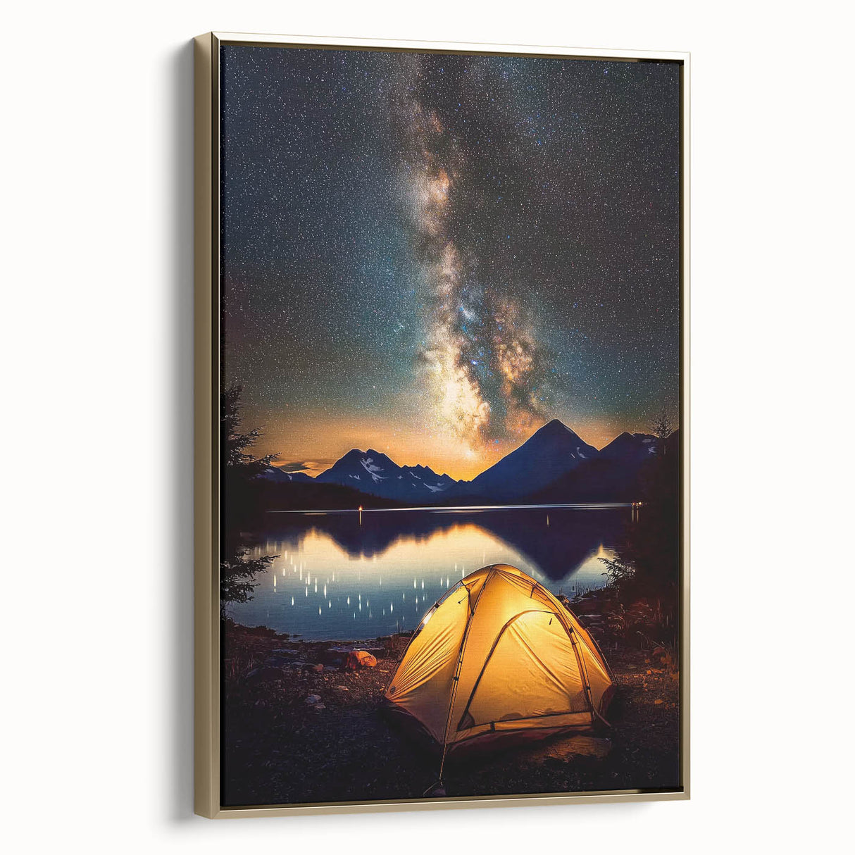 Framed landscape canvas artwork showcasing a serene nature scene with rich gold accents, set against a minimalistic background. Ideal for home decor.
