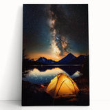 Stretched landscape canvas artwork depicting a serene nature scene with vibrant colors, elegantly leaning against a textured wall, perfect for home decor.