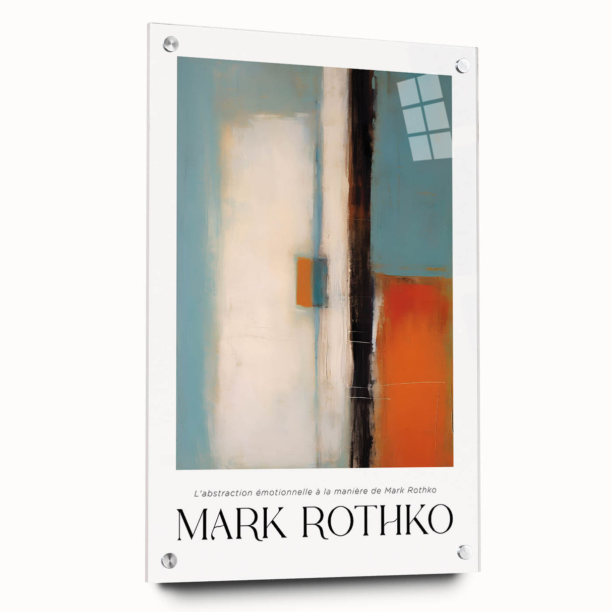 Large abstract wall art in shades of blue and red on acrylic glass, suitable for bedroom or dining room decor.