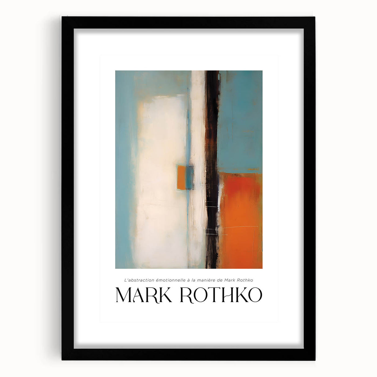 Extra large abstract art print with vibrant, textured color blocks in red, blue, and yellow on a black framed canvas.