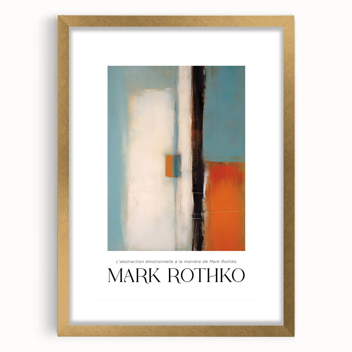 Extra large abstract art print in vibrant red and orange tones, framed with a gold mat, suitable for living room decor.