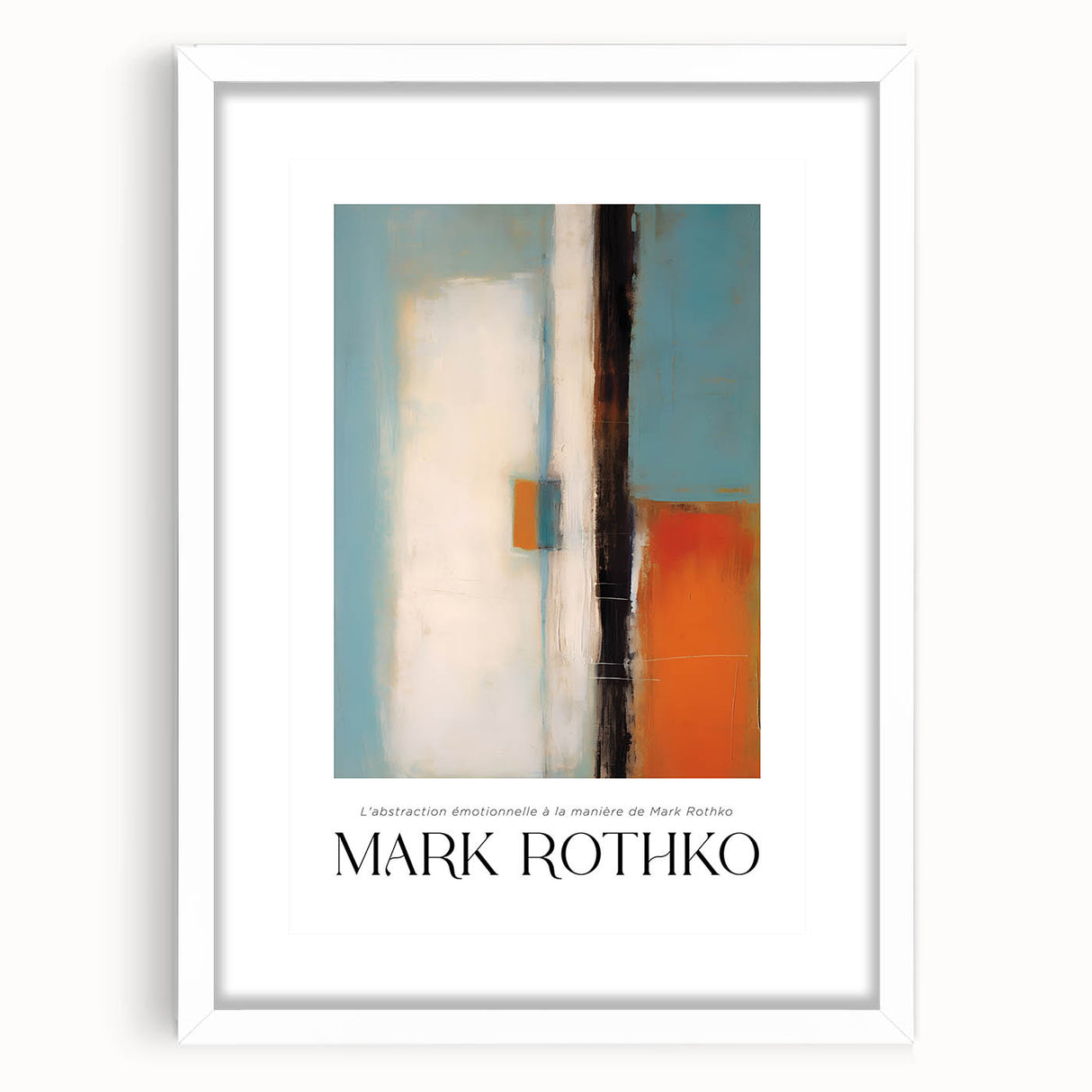 Abstract art print in red and orange shades on a white framed canvas, ideal for dining room decor.