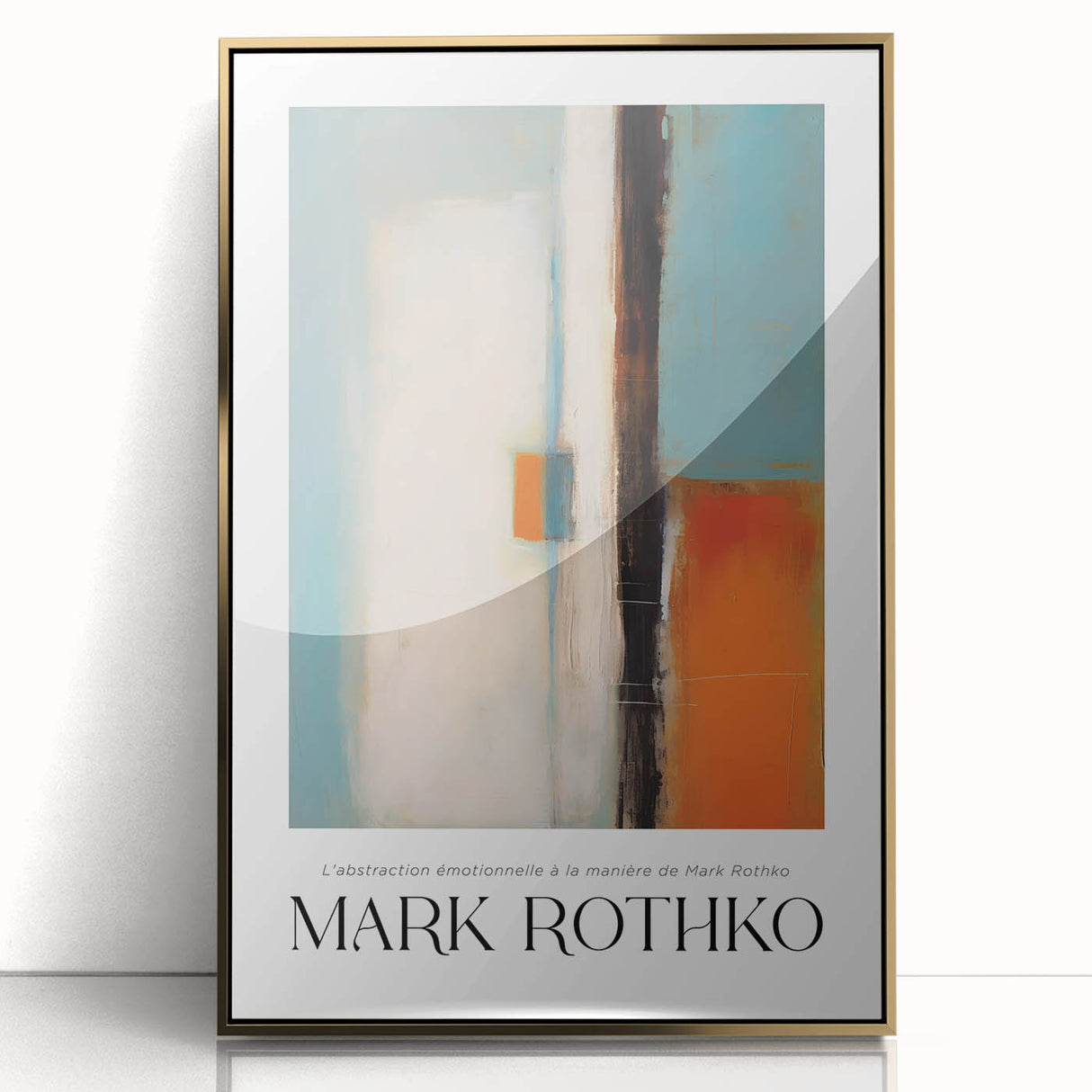 Large art print of a mid-century modernist Rothko-inspired artwork in muted orange and yellow shades on acrylic.