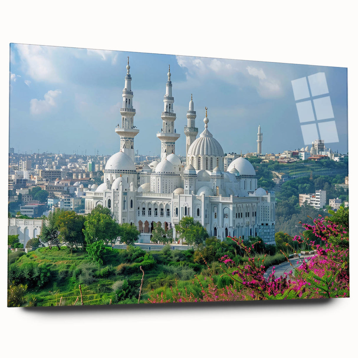 Large abstract wall art of Algerian scenery in muted earth tones on acrylic glass, suitable for bedroom or dining room decor.