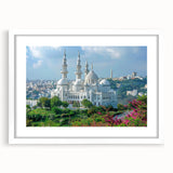 Extra large abstract art print of Algerian scenery, textured in muted earth tones, framed with a white mat.