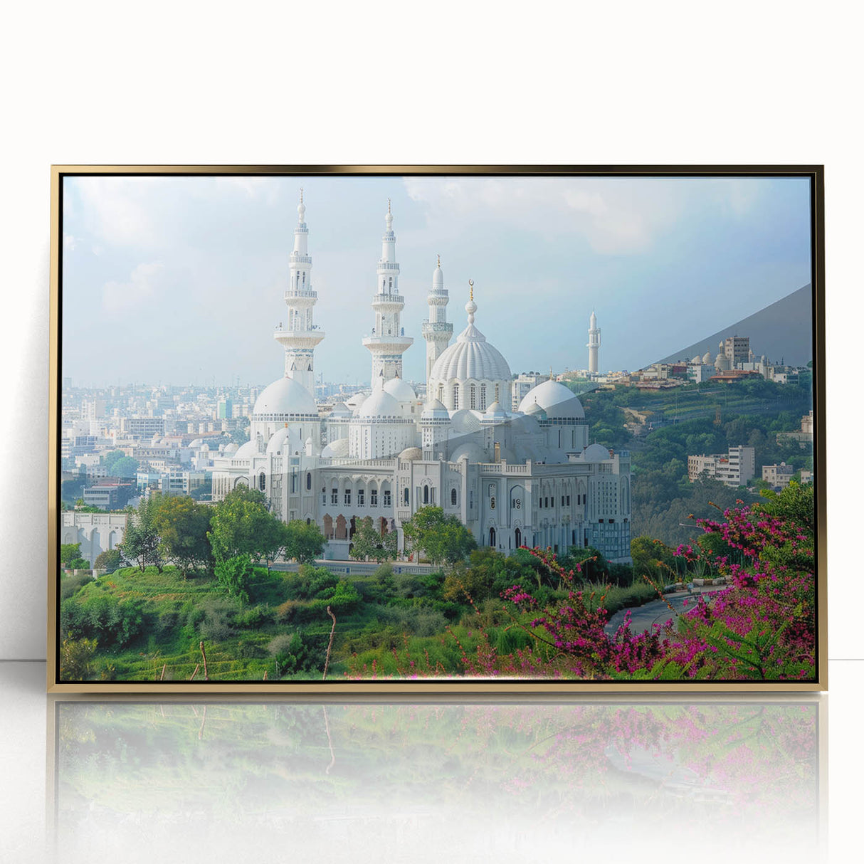 Mid-century modernist art depicting an abstract Algerian landscape in gold and brown tones on a framed acrylic.