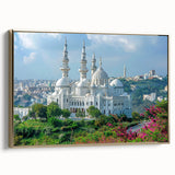 Landscape art painting of an Algerian scenery on a framed canvas, featuring vibrant earth tones and black accents.