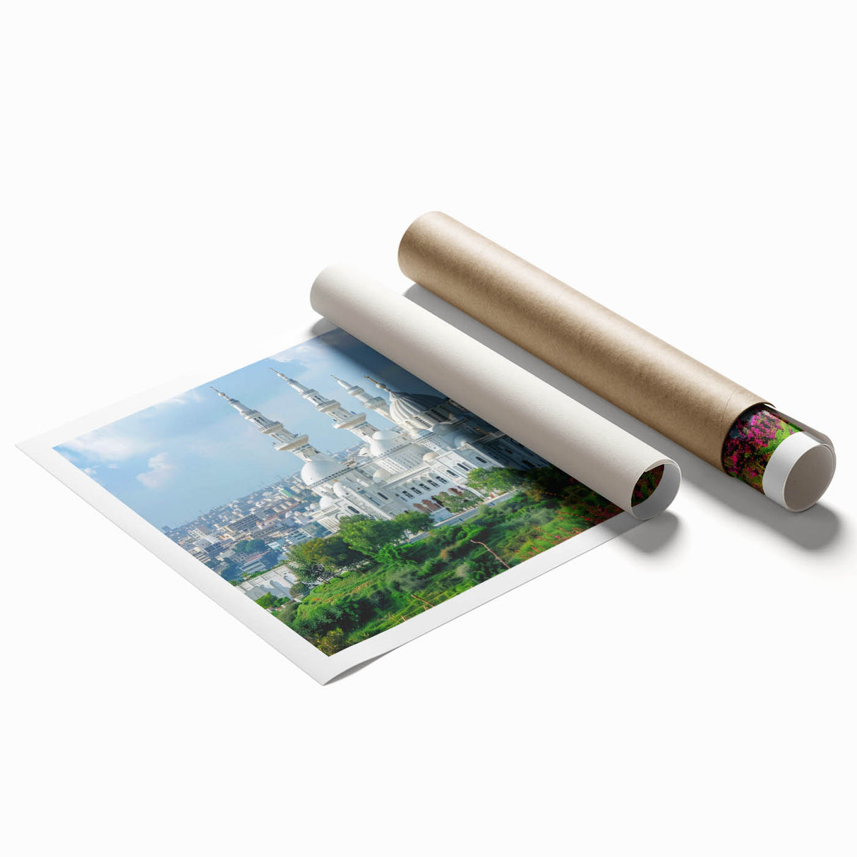 Extra large rolled print featuring a serene Algerian landscape with floral accents in soft earth tones.