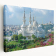 Side view of a stretched canvas depicting an Algerian landscape in earthy tones, ideal for kitchen wall art.