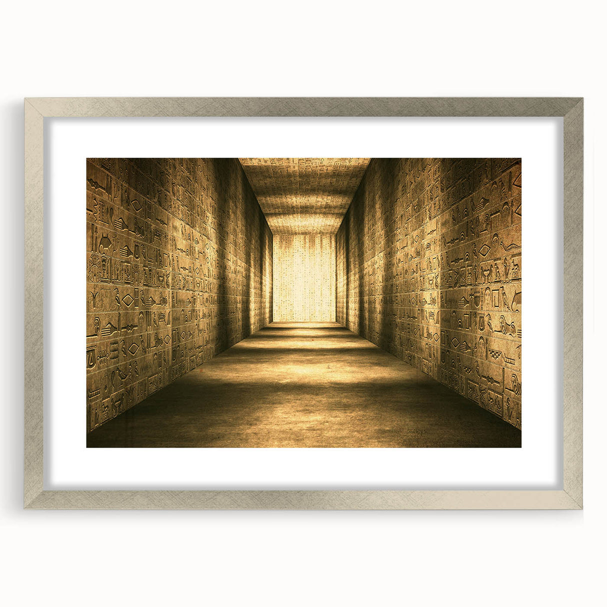 Abstract art print of an Egyptian landscape in muted earth tones on a framed silver canvas, suitable for dining room decor.