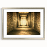 Abstract art print of an Egyptian landscape in muted earth tones on a framed silver canvas, suitable for dining room decor.