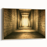 Framed canvas depicting an Egyptian landscape with pyramids in muted gold and black tones, ideal for living room decor.