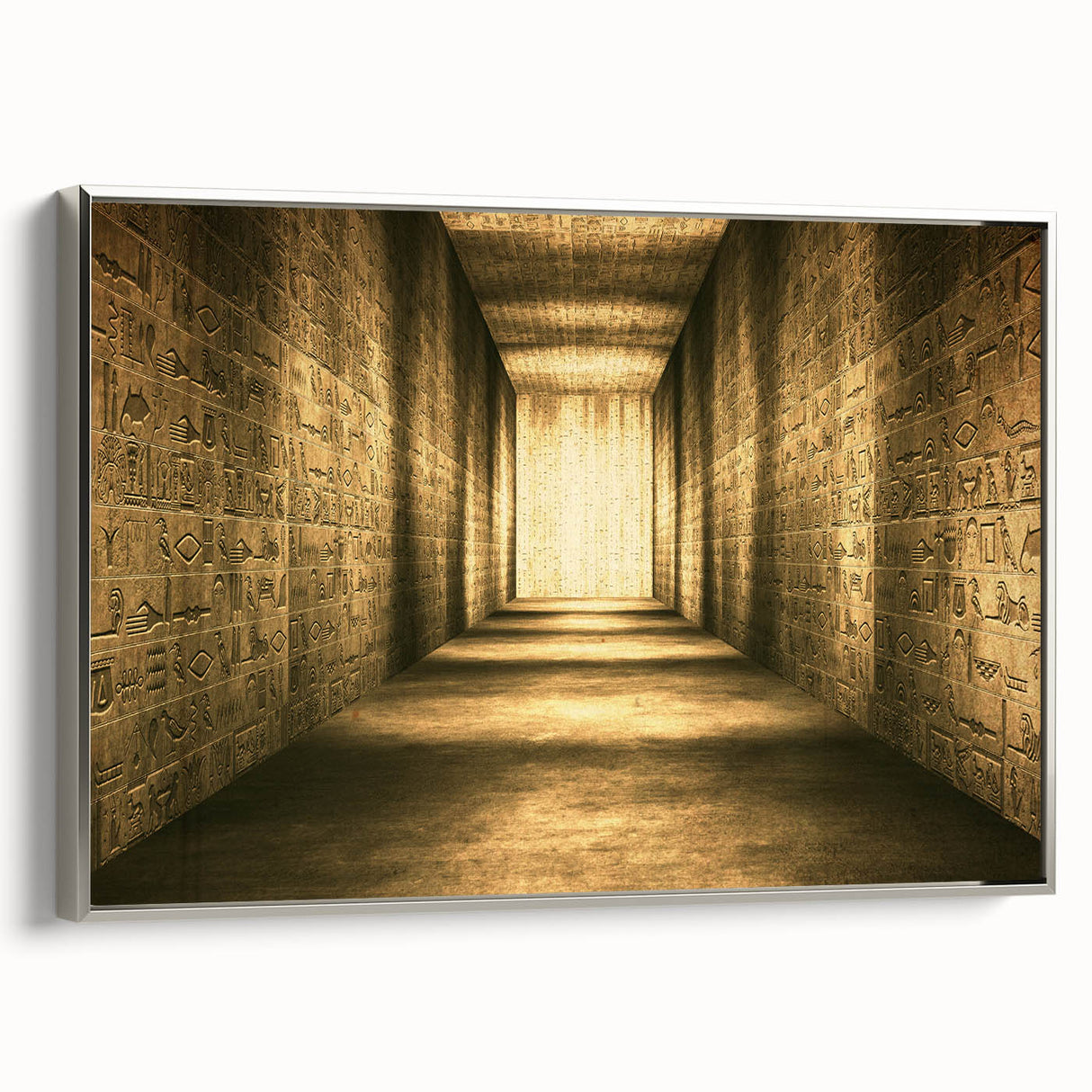 Vintage poster art of an Egyptian scene in vibrant colors on a framed canvas, ideal for living room decor.
