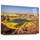 Large abstract wall art depicting an Ethiopian landscape in muted earth tones on acrylic glass.