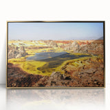 Mid-century modernist art depicting an Ethiopian landscape in muted earth tones, framed acrylic, ideal for nursery wall art.