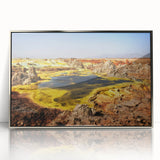 Art Deco poster of Ethiopian scenery in muted earth tones, silver-framed acrylic, suitable for modern nursery decor.