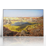 Framed acrylic print of an Ethiopian landscape in muted earth tones, ideal for modern art wall decor.