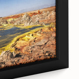 Extra large framed canvas featuring a textured depiction of an Ethiopian landscape in vibrant, colorful hues.