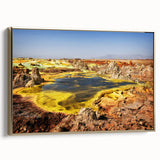 Framed canvas depicting an Ethiopian landscape with vibrant colors and gold accents.