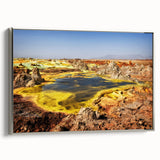 Vintage poster art of an Ethiopian landscape on a framed canvas, featuring a colorful palette, ideal for living room decor.