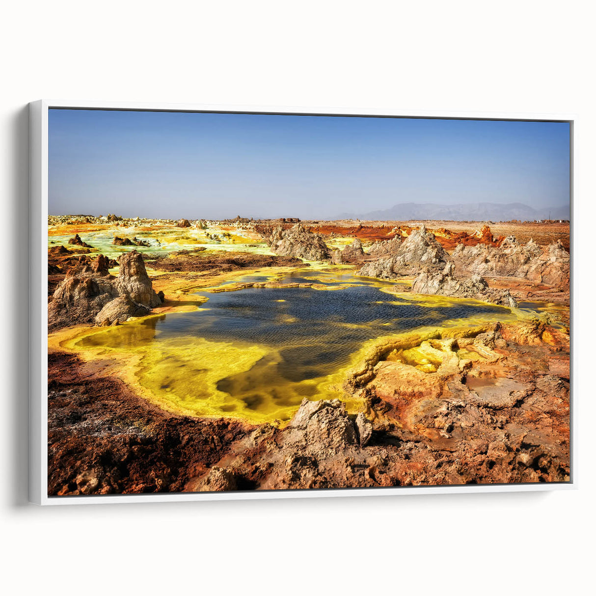 Framed canvas wall art depicting an Ethiopian landscape in muted earth tones, ideal for bedroom decor.