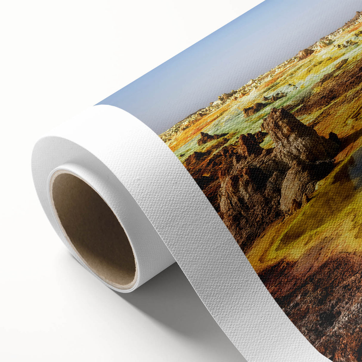 Art Deco poster of Ethiopian scenery in muted earth tones on rolled canvas, suitable for nursery wall art.