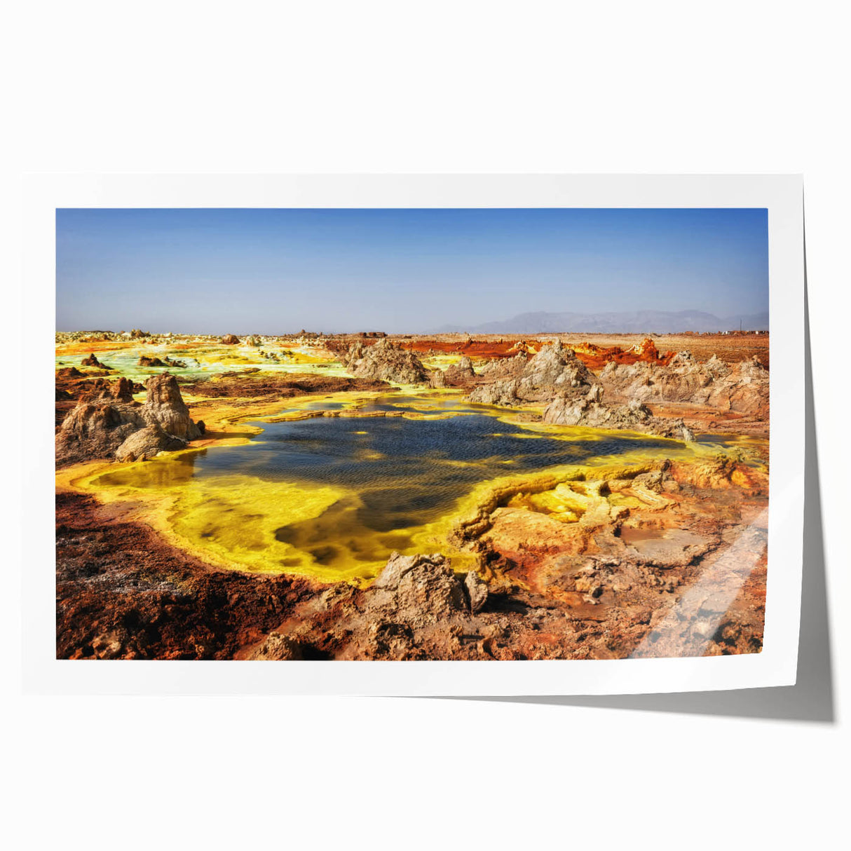 Ethiopian landscape on rolled print, featuring vibrant green and earth tones, ideal for art wall dining room placement.