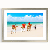 Abstract art print of African savannah scene in muted earth tones on a silver-framed mat, suitable for dining room decor.