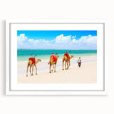 Extra large wall art of an abstract African scenery in textured tones of brown and orange, framed in white.