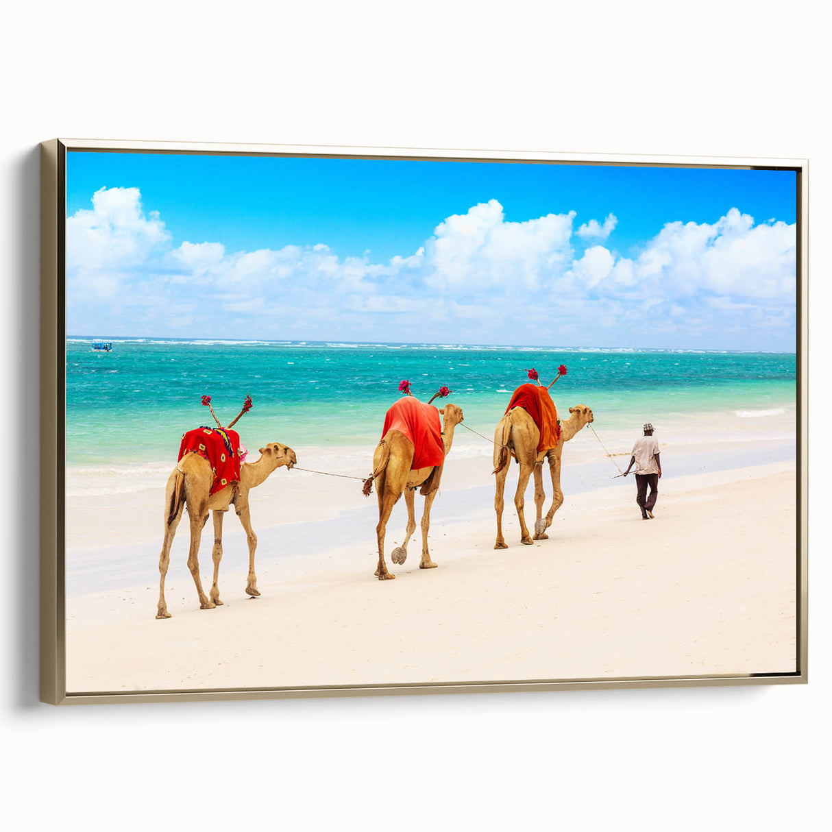 Framed canvas landscape art painting depicting a Kenyan savannah scene in gold tones.