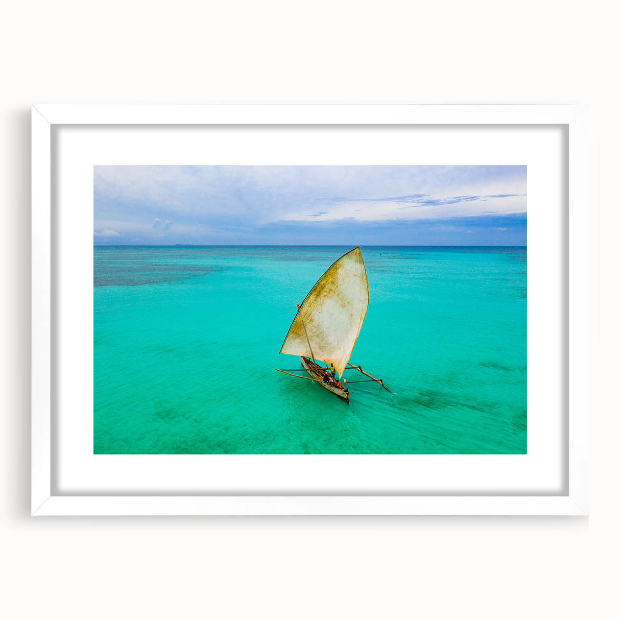 Extra large abstract art print depicting a textured Madagascar scenery in muted earth tones, framed in white.