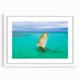 Extra large abstract art print depicting a textured Madagascar scenery in muted earth tones, framed in white.