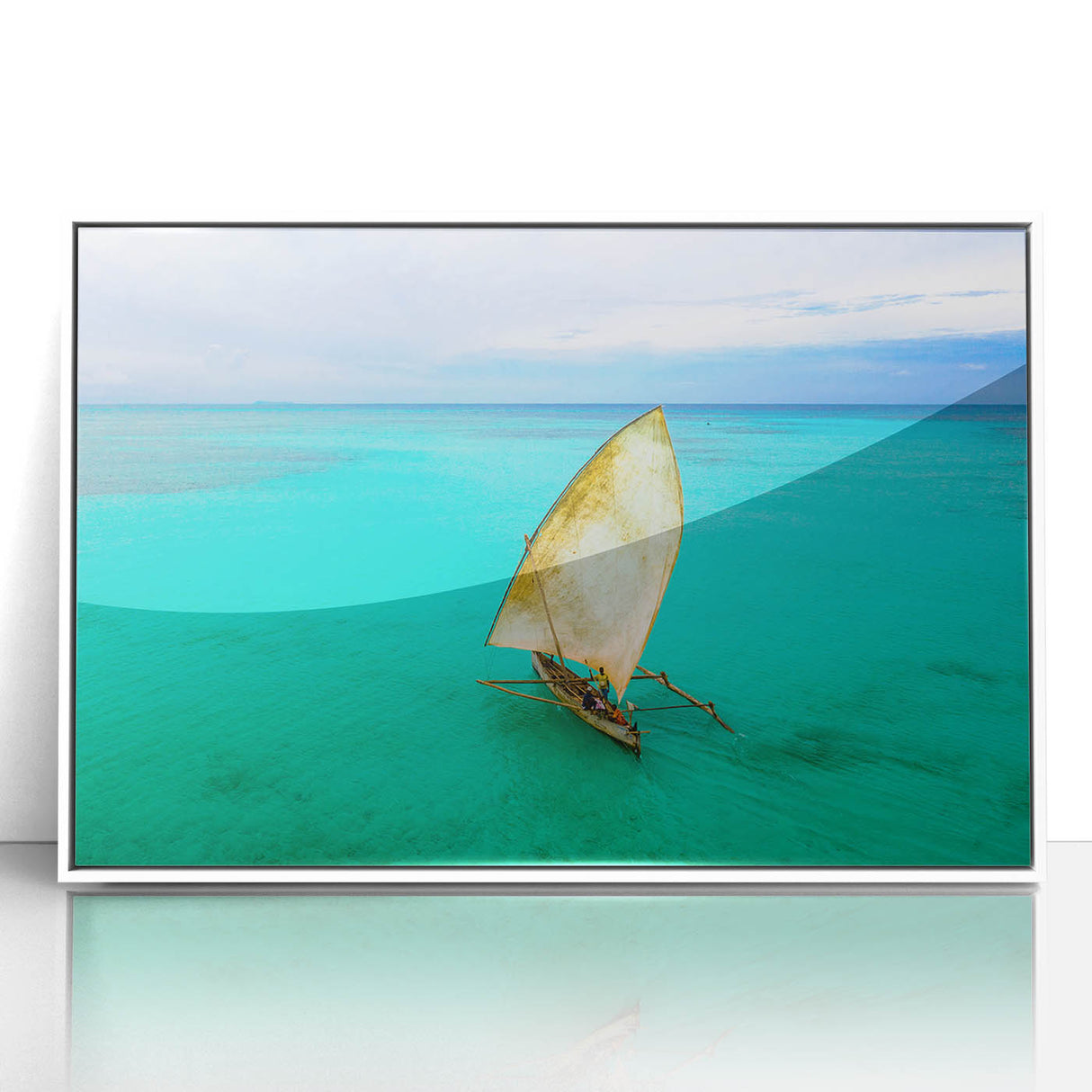 Large art print of a Madagascar landscape in mid-century modernist style, framed in white acrylic.