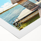 Art deco poster featuring a serene Mauritius landscape in muted blues and greens on rolled canvas.