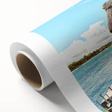 Art Deco style poster featuring a serene Mauritian landscape on rolled canvas.