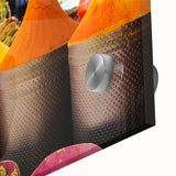 Mid-century modernist abstract of Moroccan scenery in earth tones on large acrylic glass, ideal for dining room art.