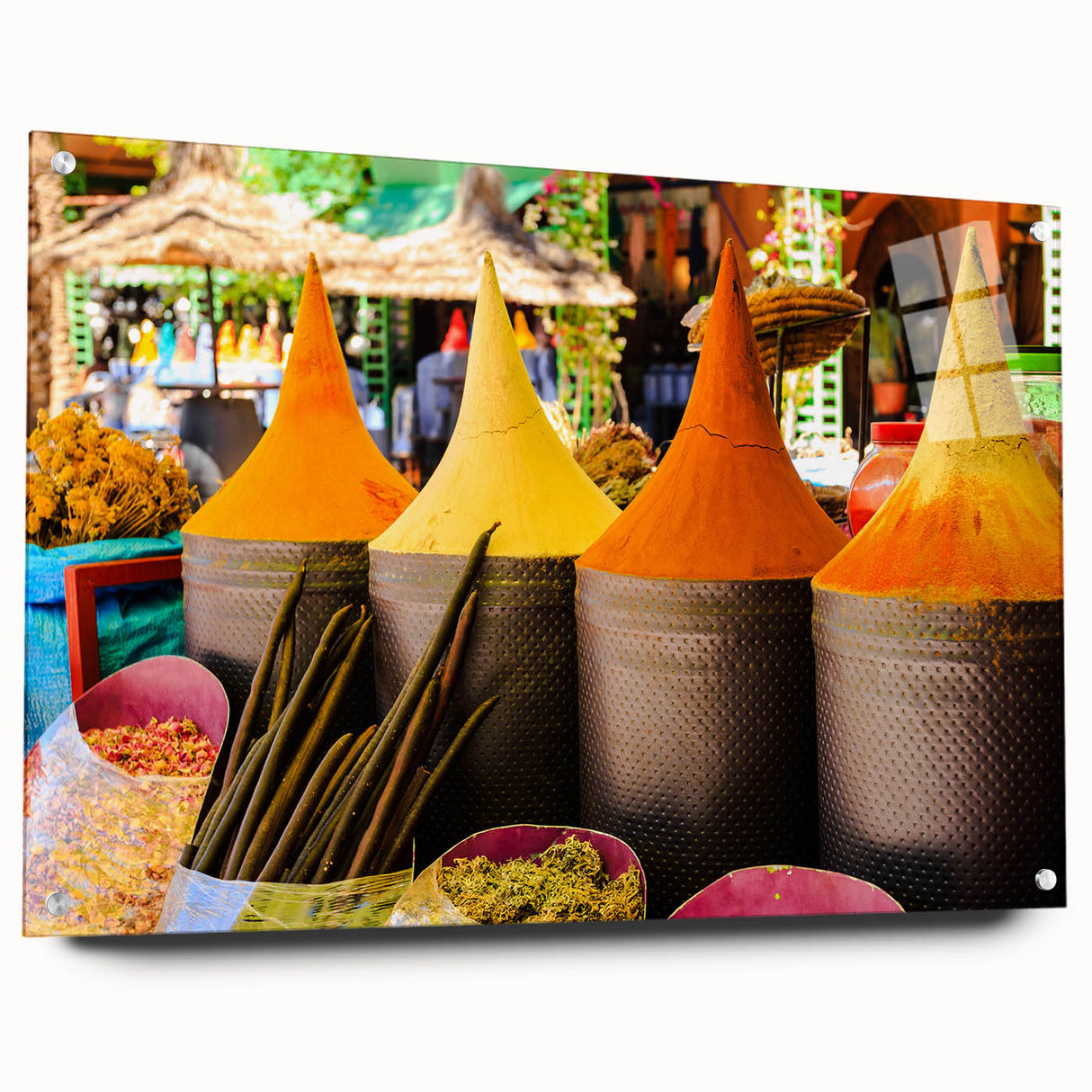 Acrylic print of a Moroccan landscape in earth tones, ideal for dining room or bedroom decor.