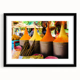 Extra large abstract art print of a colorful Moroccan landscape, textured on a black framed canvas.