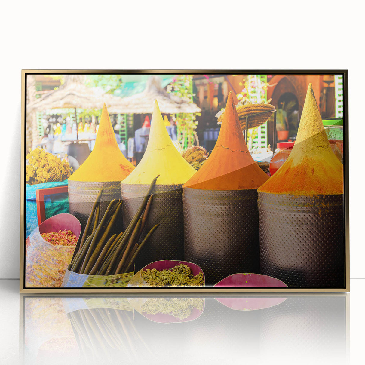 Mid-century modernist art depicting a Moroccan landscape in earth tones on a framed acrylic panel.