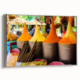 Vintage poster art of a Moroccan landscape in vibrant colors on a large framed canvas, ideal for living room decor.