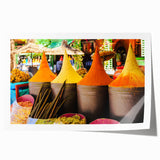 Rolled print of a Moroccan landscape featuring orange and teal hues, ideal for art wall dining room decor.