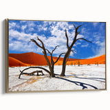 Framed canvas featuring a Namibian landscape with vibrant colors and vintage poster art style.
