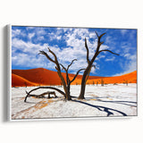 Framed canvas featuring a vintage poster art style landscape of Namibia, with muted earth tones, ideal for bedroom wall art.